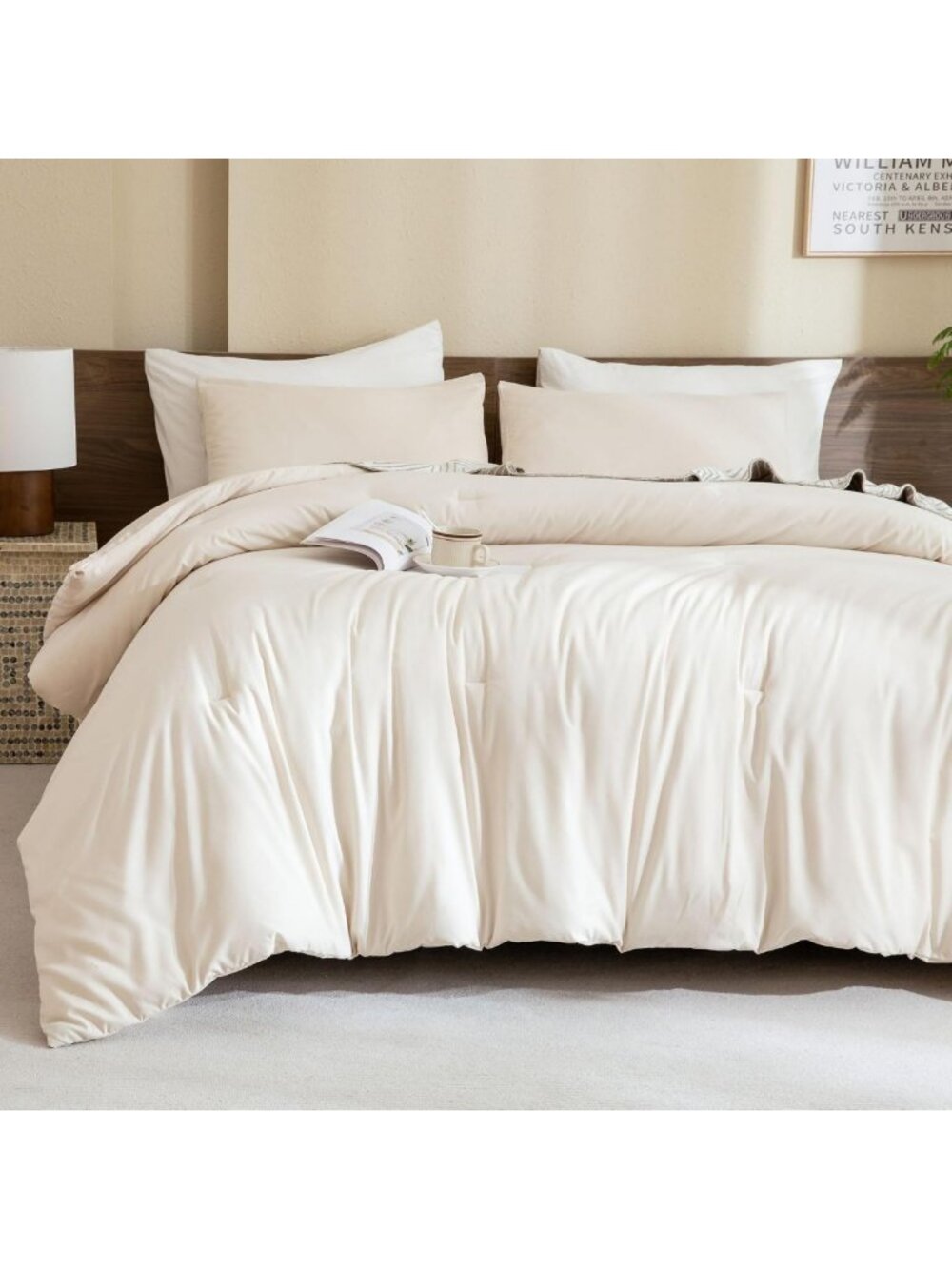 Cozy Beige Queen Comforter Set - 3 Pieces Lightweight Solid Bedding, All Seasons